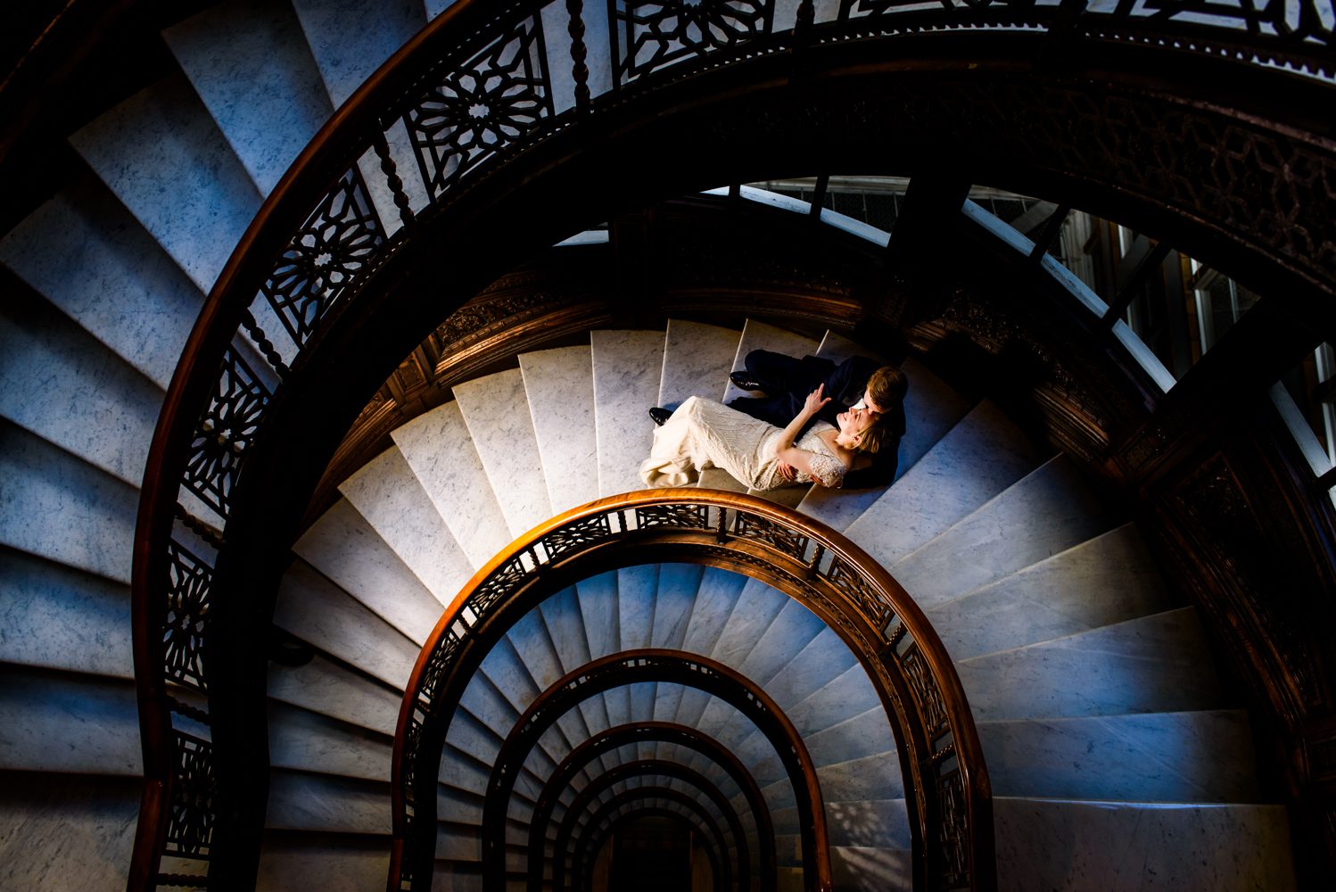 Bride and Groom on The Rookery staircase Chicago
