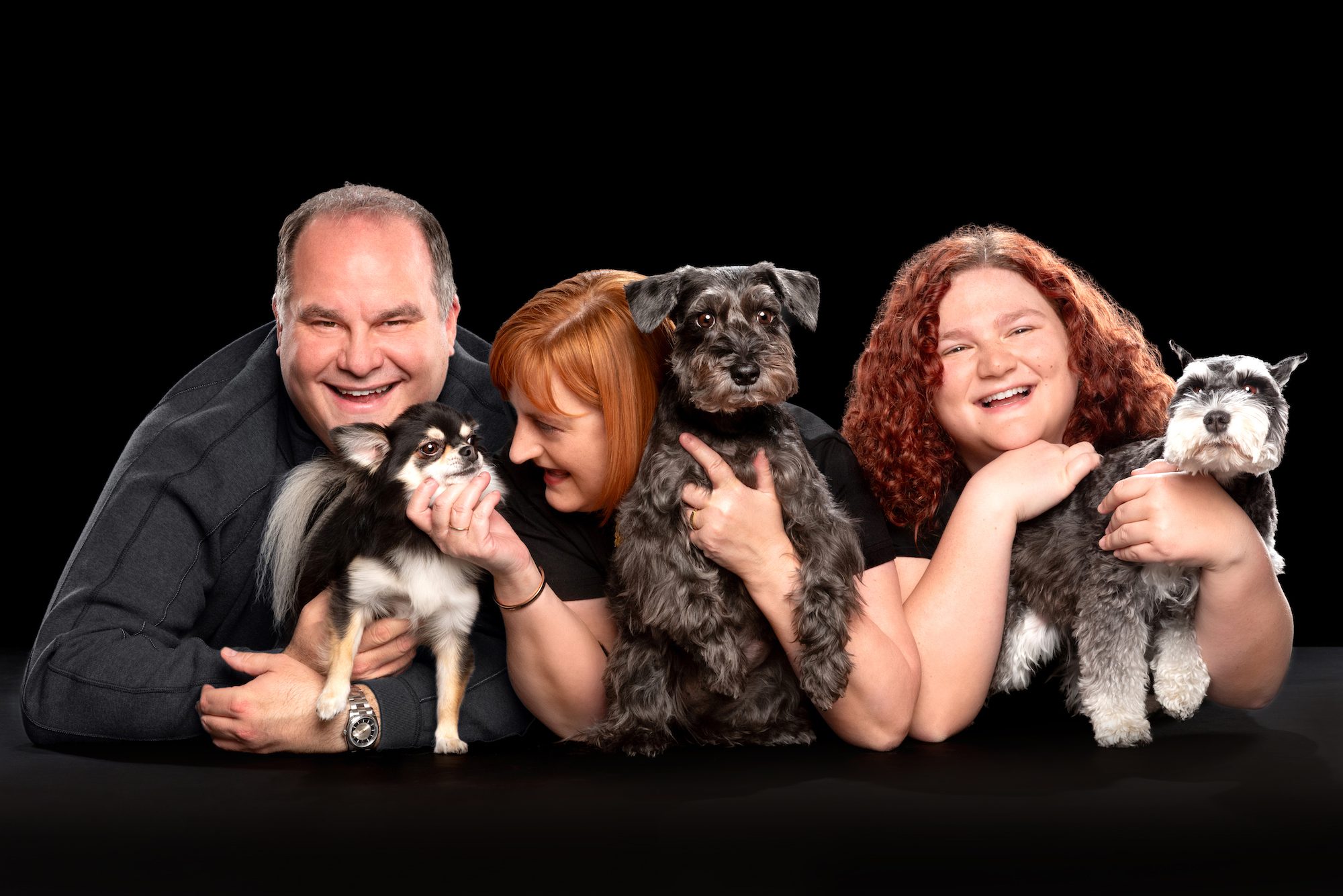 Family portrait with mom, dad and child, and their 3 dogs, in Chicago Portrait Photography Studio, Cusic Photo